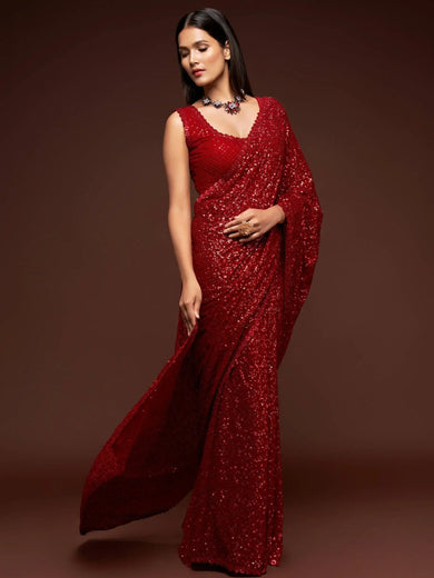 Ruby Red Fully Sequined Georgette Party Wear Saree